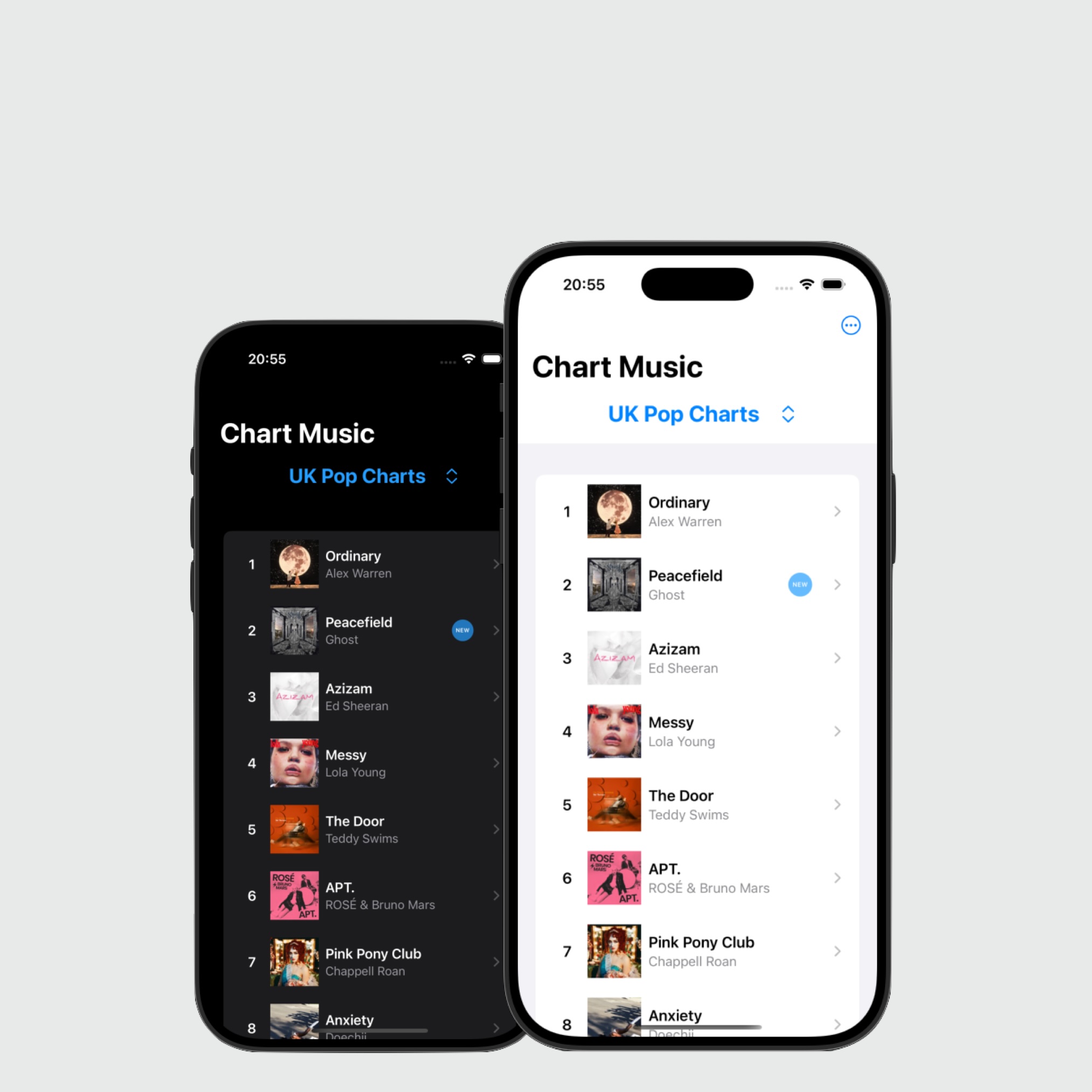 Chart Music app interface showing global music charts from different countries